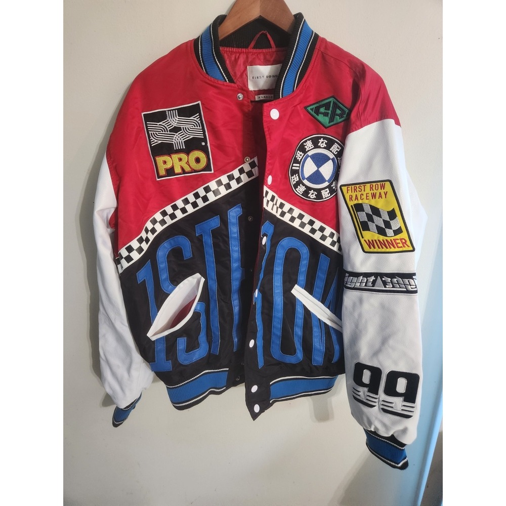 First Row Racing Nylon Jacket Men XL Red Black Varsity Bomber Patches FRJ2033